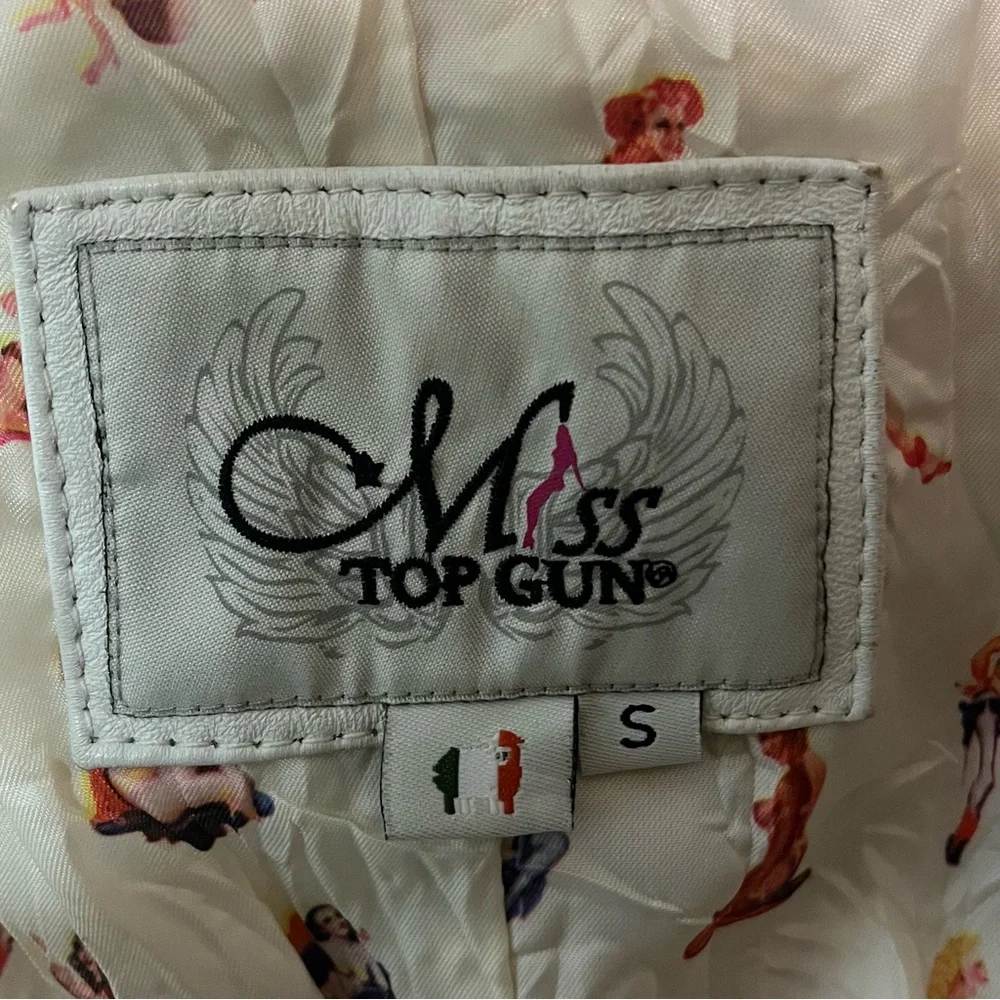 Miss Top Gun Long leather bomber jacket fur lined hooded pinup girl lined size s - Picture 12 of 12